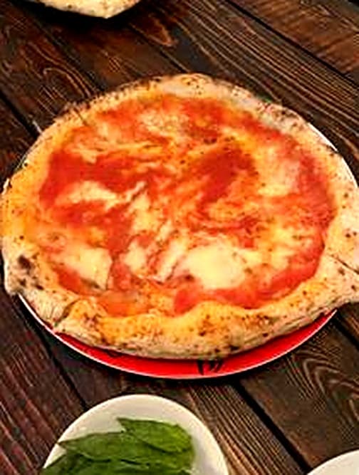 Classic margherita pizza on a red plate
